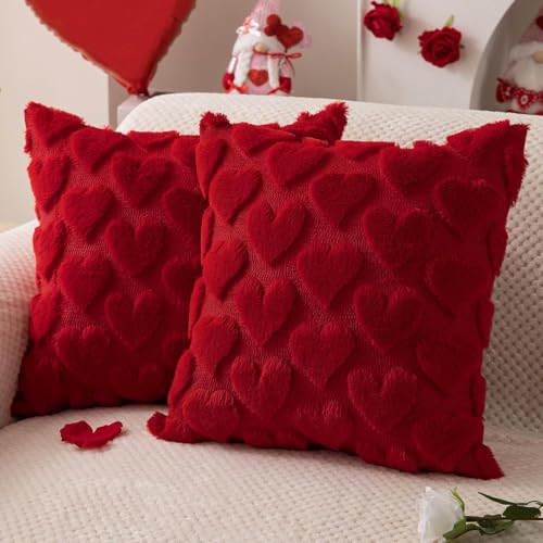 Mtruil Cute Valentines Decorative Throw Pillow Covers 18x18 Set of 2 Red Heart Pillow Cover Soft Plush Faux Fur Pillow Covers for Couch Sofa Home Valentines Day Decoration