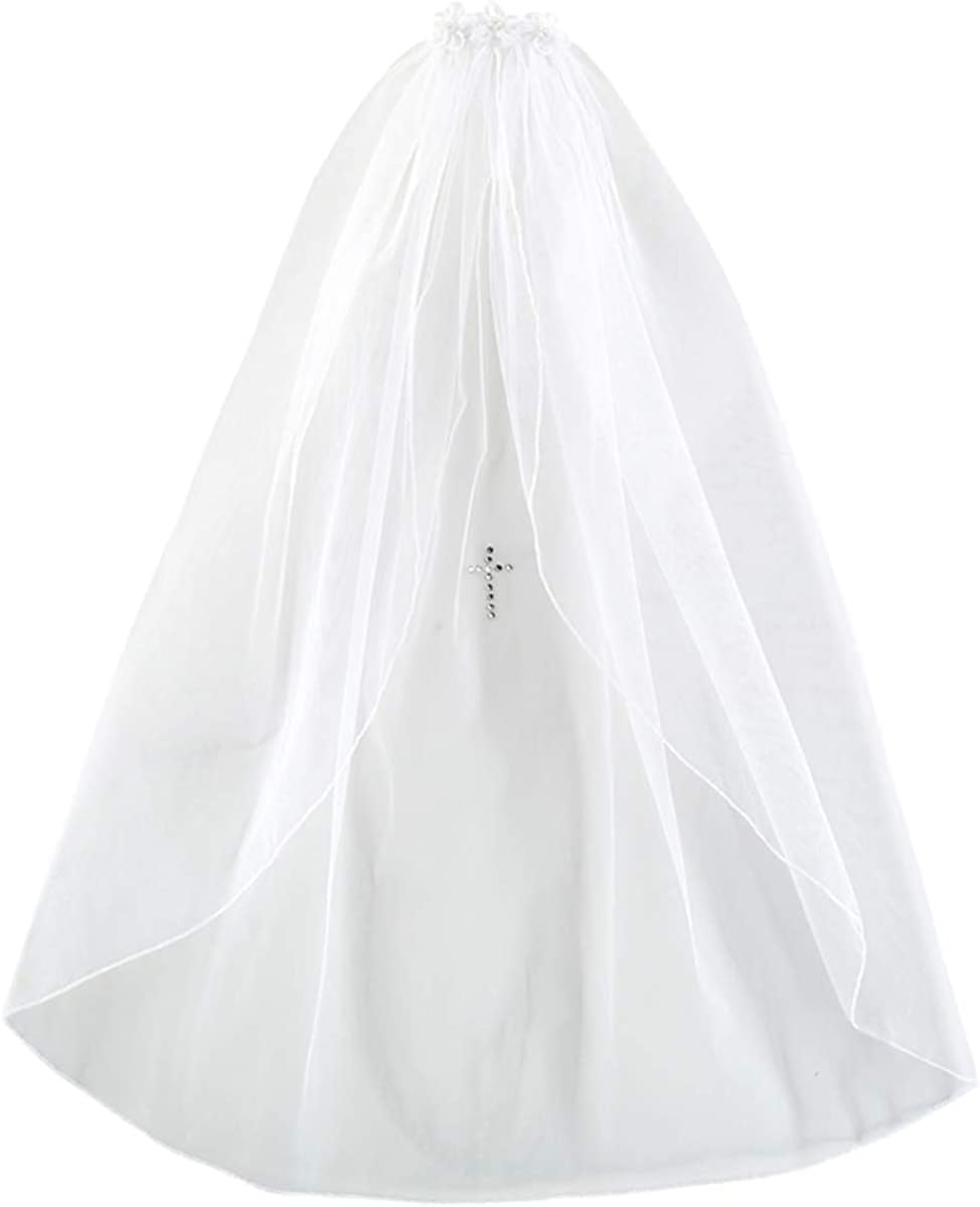 Needzo White First Communion Veil for Girls, Tulle with Satin Trim and Rhinestone Cross, 54 Inches