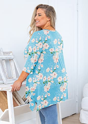 Auslook Plus Size Blouses For Women 3/4 Sleeve Floral Light Blue 4X Crewneck Clothes Pleated Clothing Flowy Tunic Tops To Wear With Leggings Loose Fit Babydoll Summer Fall Winter Maternity Shirts Wear With Leggings #TOP4