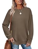WIHOLL Travel Clothes Women Fall Fashion 2024 Oversized Crewneck Sweatshirts Lightweight Pullover Sweaters with Side Slit Zipper Khaki S