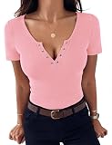 Aottori Camiseta Manga Corta Mujer Verano Camiseta Básica Cuello V Botones Capa Base Acanalada Punto Liso Ajustada Casual Elegante Pullover Rosa S