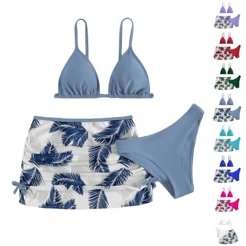 Girls Swimsuits 3 Piece Bathing Suit Tropical Criss Cross Bikini Set with Drawstring Cover up Skirt Beach Swimwear 6-16T