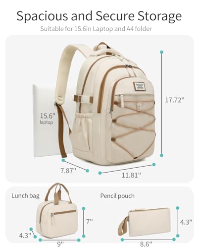 Image of Teen Girls Backpack Aesthetic School Bag with Lunch Box, Laptop Backpack Bookbag for High School College Women Students, Beige 3pcs
