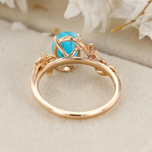10K 14K 18K Gold 1 Carat Round-Cut Gemstone Vintage Engagement Ring for Women Nature Inspired Birthstone Leaf Vine Wedding Promise Anniversary Rings for Her Wife Bridal Size 4~12-Turquoise4