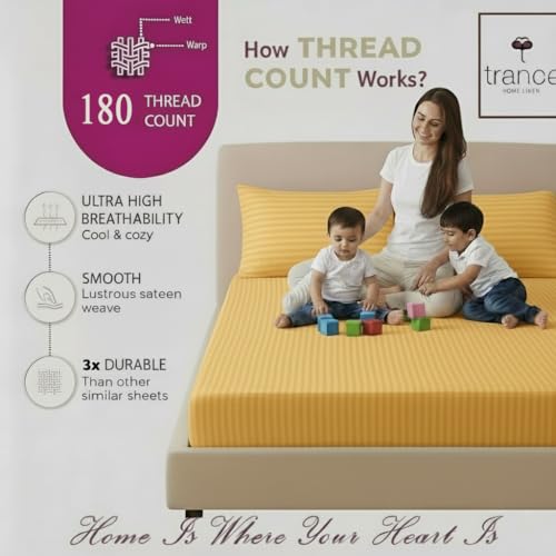 Image of Trance Home Linen 100% Cotton 200 TC Satin Stripe Queen Double Bedsheet with 2 Pillow Cover | Fade-Resistant, Soft & Hypoallergenic |Flat Bedspread Queen Size (86 x 104 inch, Golden Yellow)