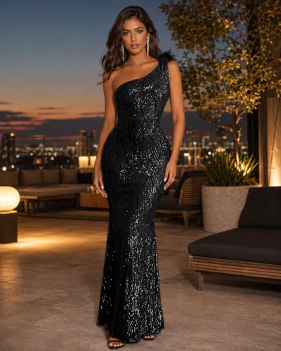 Image of One Shoulder Formal Evening Gowns Sequin Mermaid Maxi Dress for Wedding Guest