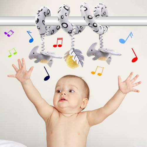 Image of Baby Hanging Toys for Stroller and Car Seat, Black and White High Contrast Sensory Plush with Rattle & Squeaker, BPA-Free, Soft Developmental Toy for Newborns & Infants 0-6-12 months (Dinosaur)