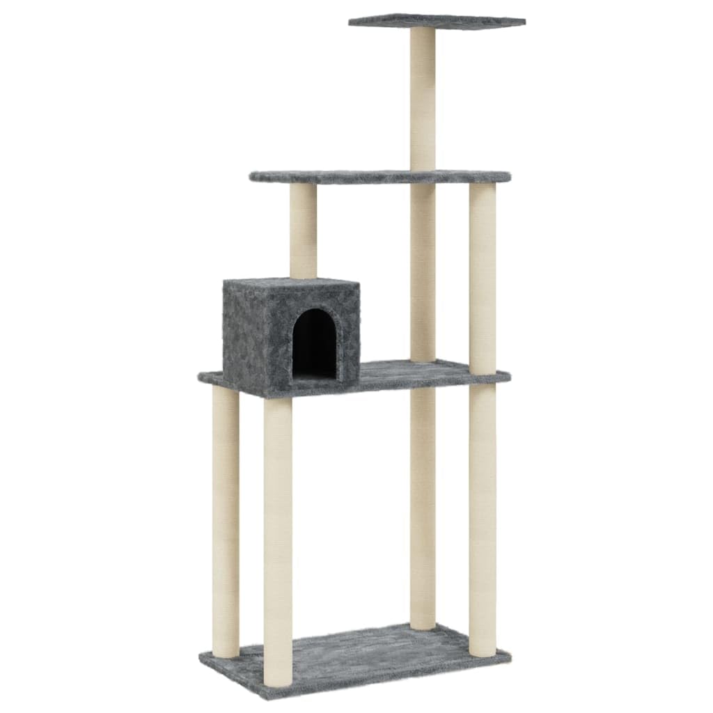 Kratzbaum Katzenbaum mit Sisal Kratzsäulen und Plüsch 147 cm hoch Holzwerkstoff Dunkelgrau kompakt stabil modern für Wohnzimmer Wohnung Katzenzubehör Beschäftigung und Krallenpflege