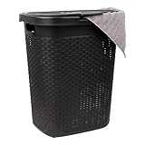 Mind Reader 50L Slim Laundry Hamper, Clothes Basket, Lid, Wicker Design, Plastic, 17.65"L x 13.75"W x 21"H, Black
