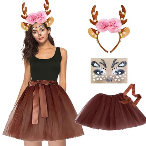 #VerdientProvisionen<br>Reh Kostüm Set für Damen Rentier Kostüm Erwachsene Karneval Kostüm Damen mit Tutu Rock Kopfband Reh Gesichtstattoo für Karneval Fasching Mottoparty(Braun)