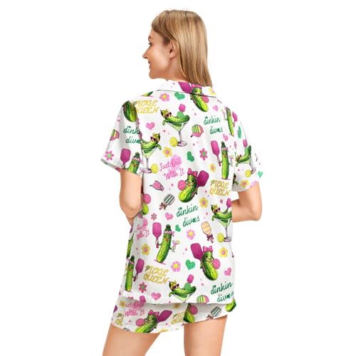 Image of Funny Pajamas for Women Set Print Satin Loungewear Pjs Short Sleeve Button Down Top and Shorts Sets Sleepwear XS-3XL