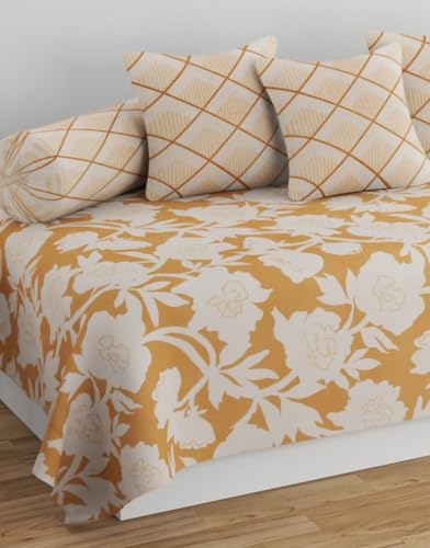 Image of Pure Soft Cotton Floral Diwan Set Covers 6 Pieces - 1 Single Bed Sheet (60 X 90) with 3 Cushion (16 X 16), 2 Bolster Covers (16 X 32) -Yellow White