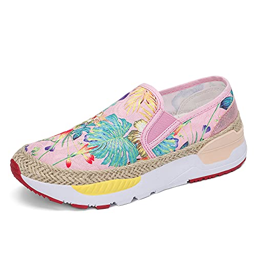 Dannto Womenâ€™s Fashion Floral Art Loafers Flat Painted Canvas Slip on Boat Sneakers Lightweight Ladies Travel Casual Shoes for Women Pink Size 9