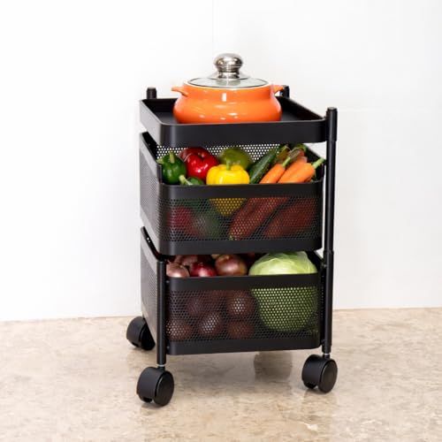 Image of RADIANT 2 Layer Multipurpose Plastic Trolley with Dish Rack for Kitchen Fruit Vegetable Storage Basket Kitchenware Food, Snacks, Toys, Tiered Shelf (Black) (Square Trolley - 2 Layer)