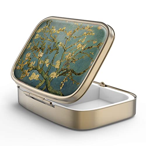 Image of Pill Case Pill Box with Mirror Retro 2 Compartment Small Pill Case for Purse or Pocket Bronze Rectangular Pill Box or Vitamins, Fish Oil, Supplements, Pill Containe Travel Gifts(Vangogh Art)