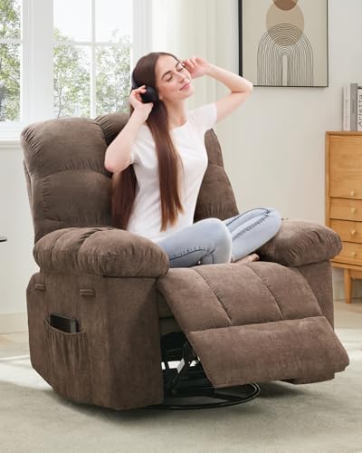Image of Rocking Recliner Chair, 360 Swivel Glider Rocker Chair for Living Room & Nursery, Upholstered Fabric Single Sofa with Side Pockets, Heavy-Duty Steel Frame Lazy Recliner for Small Spaces, Brown