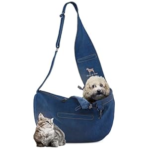 Noah & Paw Dog Sling Carrier for Small Dogs 5-18lb, Dog Sling for Small Dogs and Cats, Dog Carrier with Adjustable Padded Strap, Vegan Denim Lined with Fur, 3X Safety Features, Machine Washable