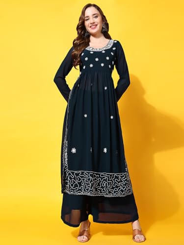 Image of PH POSHAKHUB Women A-Line Nyra Cut Kurta with Sharara in Georgette with Aari Work