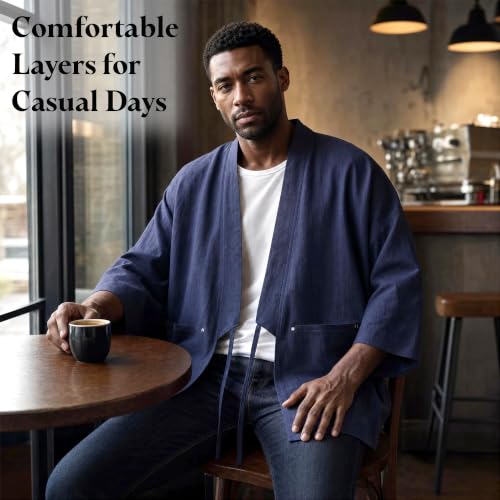 Image of Haseil Men's Kimono Cardigan Japanese Jackets Casual Cotton 3 /4 Sleeve Shirt Open Front Coat Lightweight Linen Yukata