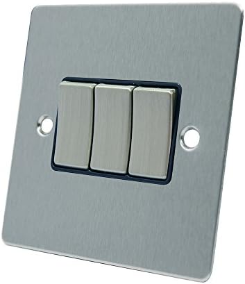 AET FSC3GSWIBS Satin Chrome Flat Black Insert Metal Rocker Switches-10 Amp Triple 3-Gang 2 Way Light Switch, 240 V