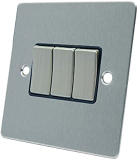 AET FSC3GSWIBS Satin Chrome Flat Black Insert Metal Rocker Switches-10 Amp Triple 3-Gang 2 Way Light Switch, 240 V