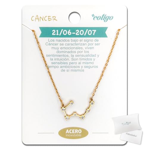 cotigo Collar Signo Zodiaco Acero Inoxidable, 12 Collar Constelaciones con Colgante Horóscopo de Circonita - Collar Mujer para Joyería Astrología (Cáncer - Dorado)