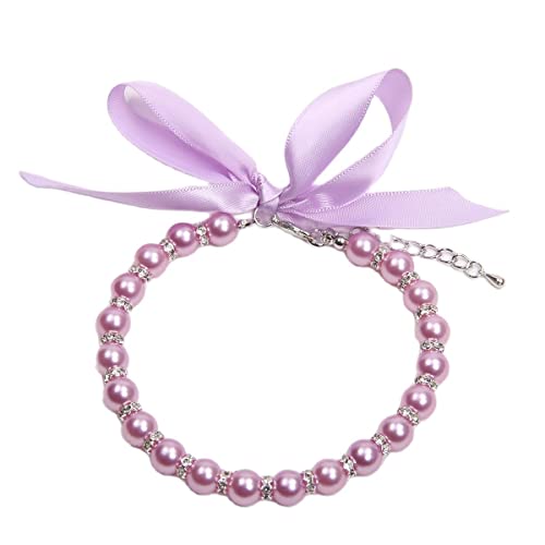 XKSRWE Dog Cat Pearls Necklace Collar with Bling Accessories and Ribbon Bow Pet Puppy Jewelry for Female Dogs Cats Small Medium (S, Purple)