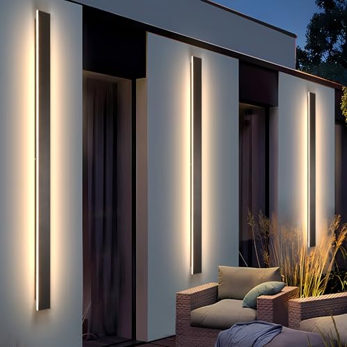 Image of AioTio Modern Outdoor Lights Fixture,2pack 92.5inch Exterior Porch Lights Fixture Wall Mount,3000K Rectangular Black Linear Long LED Outdoor Entrance Wall Sconce Lighting for Garage,Front Door