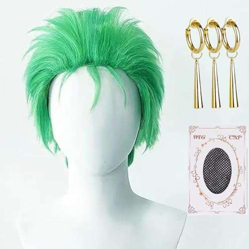 Short Green Wig with Earrings Clip Light Green Cosplay Wig Anime Costume Hair with Cap for Cosplay Show,Halloween image 5