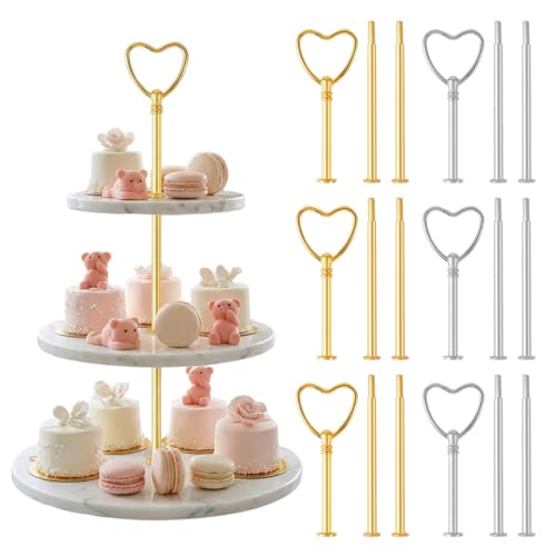 6 Set Etageren Stangen Set Etagere Bausatz Metallstangen Etagerenhalter Mittellochausstech 2 bis 3 stufig für Hochzeitstorte Tortenhalter Tortenständer Torten Etagere 3 etagen Gold und Silber(Herz)