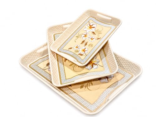 Image of 3 Pcs Plastic Serving Tray Set with Handle | Multipurpose Tea Snacks Breakfast Tray | Floral Printed Rectangular Serving Trays for Kitchen & Home (Cream Flower)