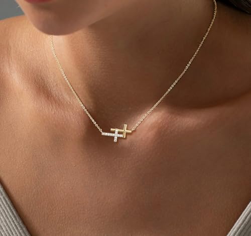 Cross Necklace For Women,14K Gold Plated Small Dainty Colorful Beaded Cubic Zirconia Double Layered Cross Pendant Choker Necklaces For Women,Christian Easter Religious Jewelry Gifts2