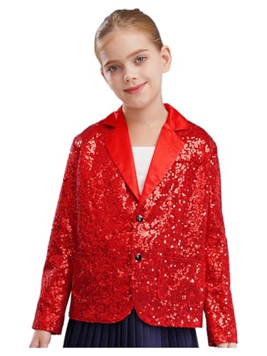 ACSUSS Sparkly Sequins Blazer Jacket for Girls Kids Lapel Button Down Suit Coat Long Sleeve Jazz Dancewear