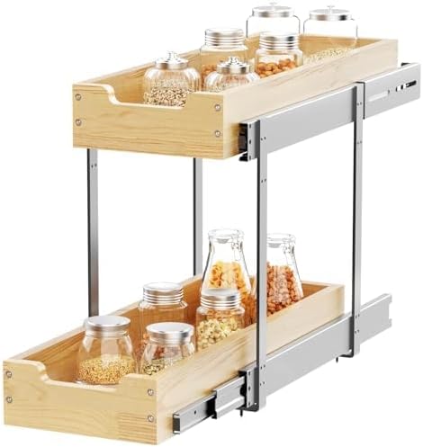 Wood Pull Out Cabinet Organizer 2 Tie 9" W x 21" D, Heavy-Duty Sliding Drawers for Inside Cabinets Storage and Organization for Kitchen, Pantry, Bathroom 2 Tie 9*21 in