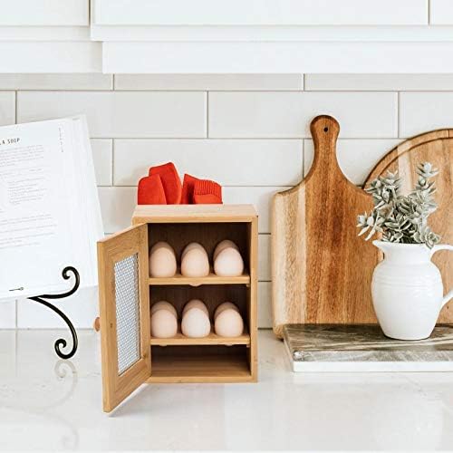 Vencier Bamboo Cabinet Cupboard Egg Storage - Holds a Dozen (x12) Eggs - 2 Shelves with 6 Slots Each. Wire Mesh Door Panel. Egg Holder Storage Box Crate Shelves