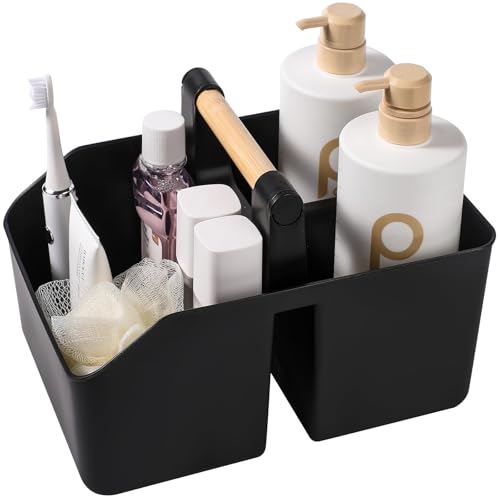 rejomiik Portable Shower Caddy Basket with Bamboo Handle, Plastic Cleaning Caddy Bathroom Organizer Tote for College Dorm Essentials, Bath Toy Storage, Black