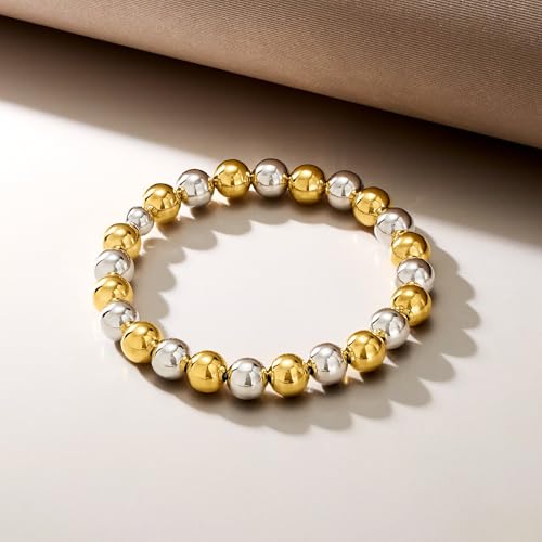 Ross-Simons Italian 8mm Sterling Silver and 18kt Gold Over Sterling Bead Stretch Bracelet3