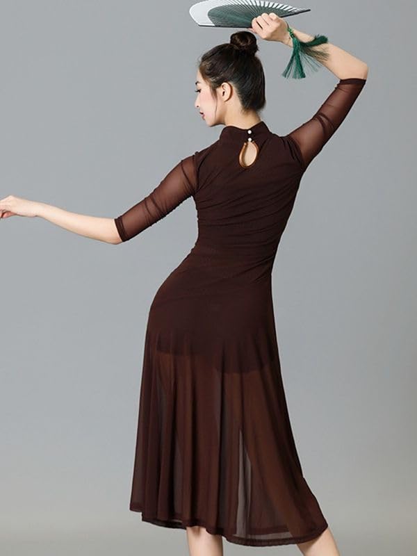 HEARTTOUCH Women Chinese Style Cheongsam Slit Mesh Dress with Shorts Long Ballet Modern Lyrical Dance Costumes Dancewear (Brown,S,Small)