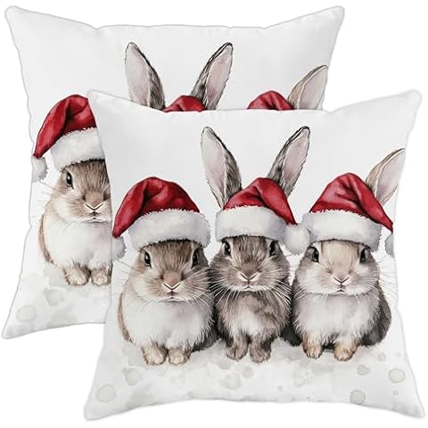 GDHBLING Christmas Unique Rabbit Pillow Cases Kit of 2, Soft Watercolor Xmas Bunny Holiday Printing Throw Pillow Covers 18x18 Set, Animal Velvet Decor for Couch Living Room Bed Cover