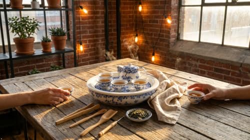Image of Porcelain Tea Tray 12 inch, Double-Layer Ceramic Tray Round for Tea Coffee Serving Gongfu Tea Table Tea Room (Blue and White Butterfly Lovers)