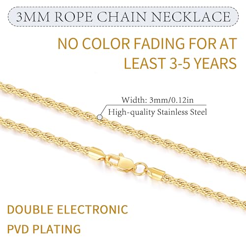 Jewlpire 14K Gold Rope Chain Necklace For Men Women, 3Mm Diamond Cut Stainless Steel Rope Chain For Men Sturdy & Comfortable Men'S Chain Necklaces thumb #1