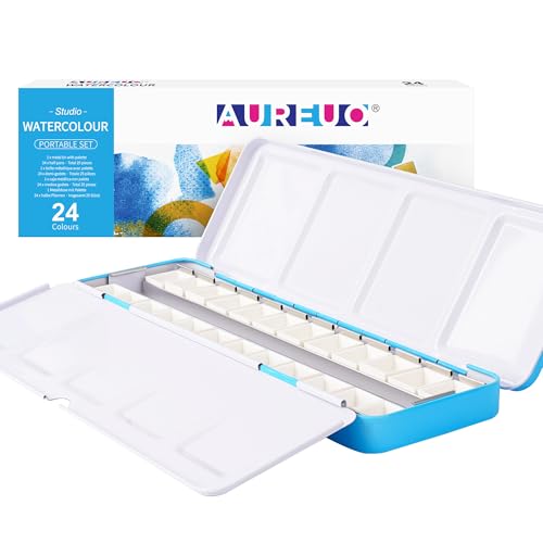 AUREUO Empty Metal Watercolor Palette with 24 Half Pans