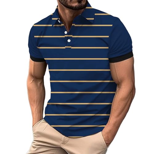 Polo de manga corta para hombre, transpirable, de secado rápido, para tiempo libre, deporte, verano, con botones, polo, camiseta de bomberos, camiseta de rayas, Azul n.º 3., L