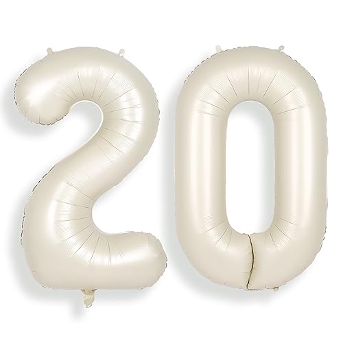 SUWEN 40 Inch Cream White Large 20 Number Balloons Big Foil Helium Number Balloons 0-9 Jumbo Happy 20th Mylar Birthday Party Decorations for Women or Men Anniversary Party Supplies