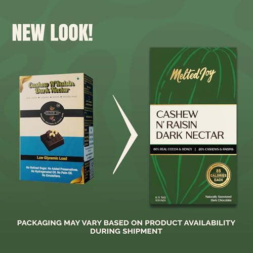 Image of Melted Joy Cashew & Raisin 50% Dark Chocolate Squares |Honey-Sweetened Dark Chocolates| Portion-Controlled 85 Cal | No Refined Sugar | Pack of 6