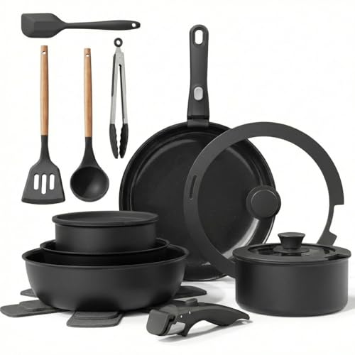 Ceramic Nonstick Cookware Set, 20-Pcs and Pans Set with Removable Handles, Induction & RV Kitchen Compatible, Scratch-Resistant, Dishwasher & Oven Safe, PFAS/PTFE/PFOA Free (Black, 20 Pcs)