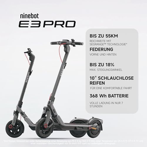 Segway Ninebot E3 Pro D, E-Scooter Deutscher Stra&szlig;enzulassung, 55 km Eco Modus Reichweite, 47km Sport Modus Reichweite, Federung vorne & hinten, 800 W Motor, faltbar, 17,9 kg, 10-Zoll Reifen, IPX5