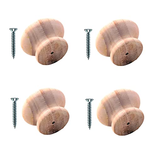TERF® Traditional Unlacquered Pine Wooden Cupboard Cabinet Door Knob 50mm Drilled Wood Knob with Fixing for Chest Drawer Cupboard Kitchen Wardrobe Door Pull Handle Knobs
