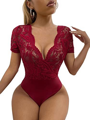 SweatyRocks Women s Sexy Lace Deep V Neck Sheer Mesh Short Sleeve Bodysuit Burgundy M