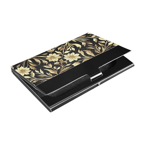 KLL Floral Counter Black Gold Ultra-Thin Portable Business Card Holder with Leather and Stainless Steel Credit Card Storage for Travel Home or Office Use portatarjetas para Hombre